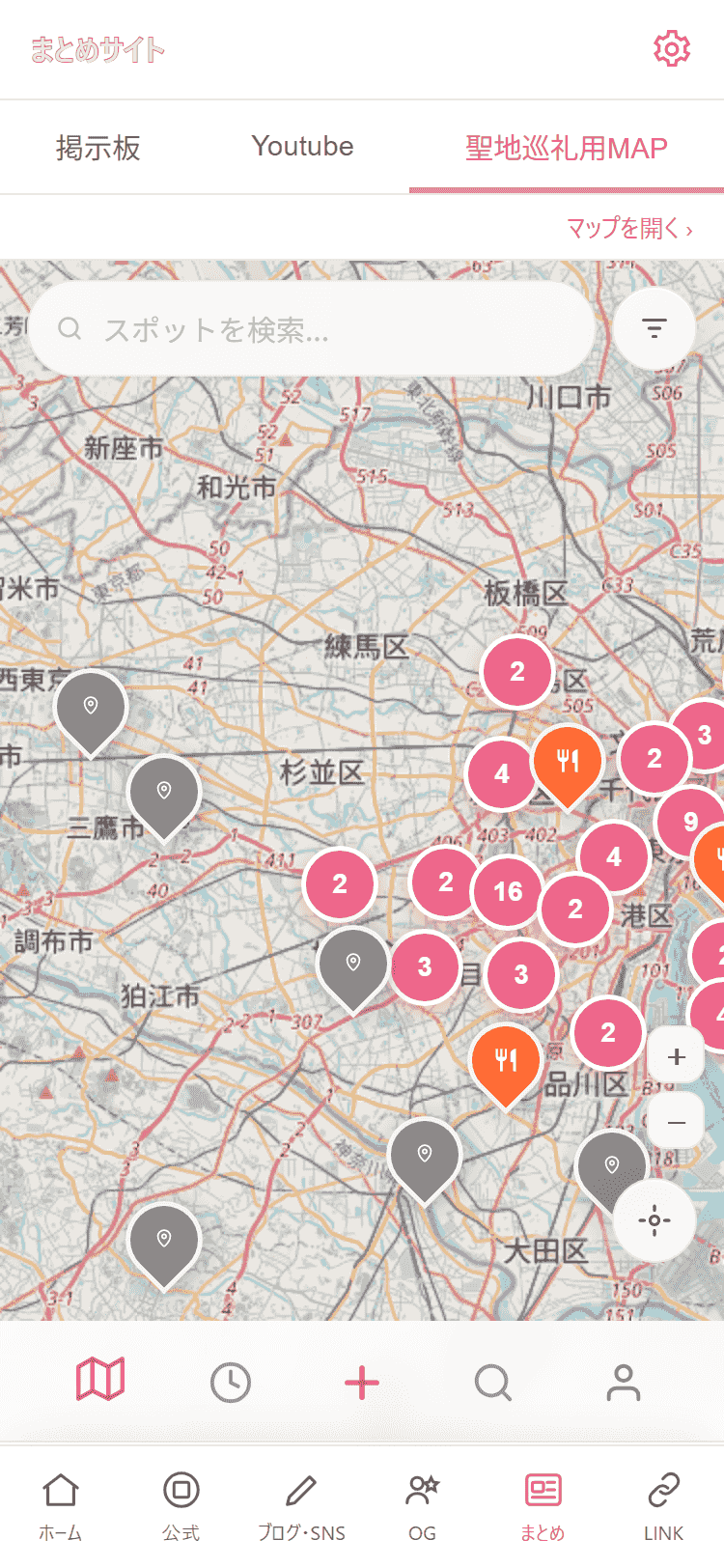 Buddies手帳の聖地巡礼マップ画面。櫻坂46に関係するスポットを地図上に表示