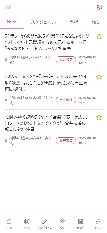 Buddies手帳のOG画面。News、スケジュール、SNS、推しのタブを表示